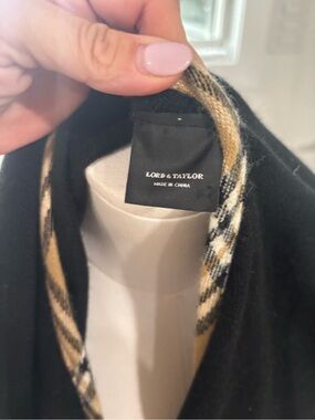 Lord & Taylor Black cape with Tan Plaid Trim